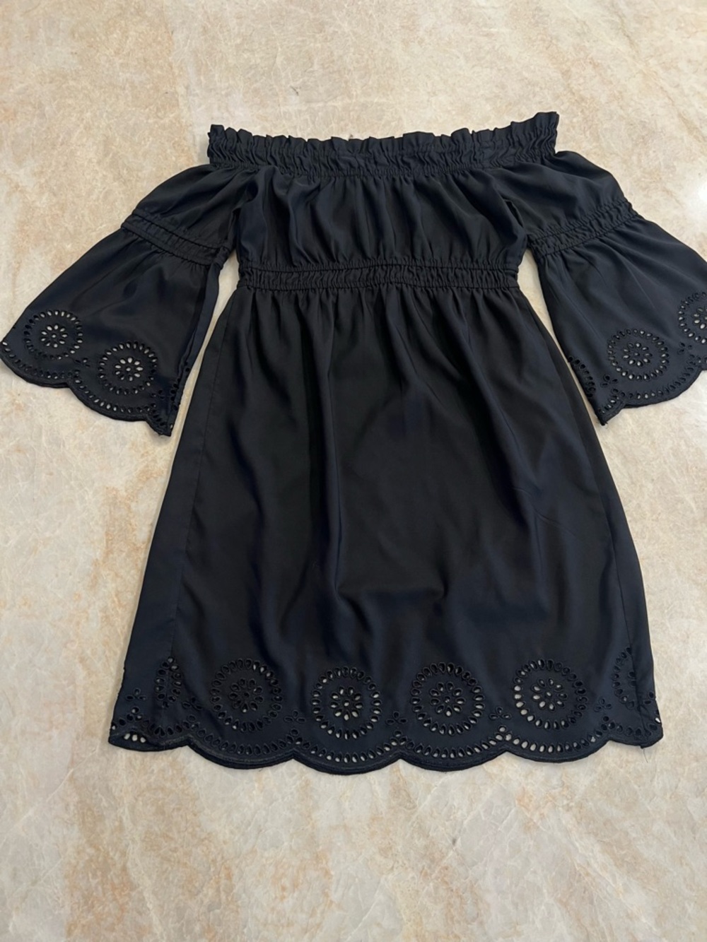VENUS Black Off-the-Shoulder Midi‎ Dress with Eyelet Hem, Polyester